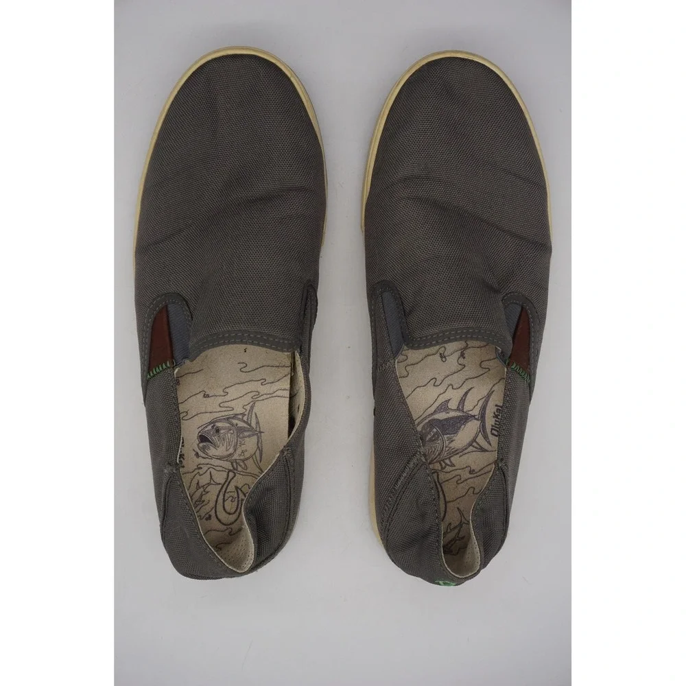 OluKai Kahu Shoes Gray Canvas Slip On Casual Cushioned Mens Size 9.5 US EU 42.5